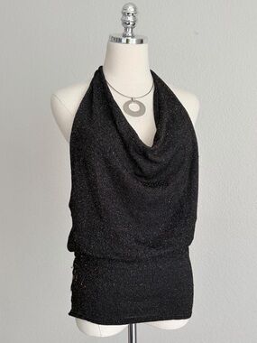 Shimmery Black Halter Cowl Neck Longline Top